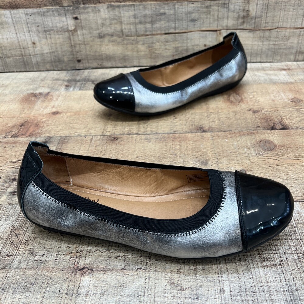 Josef Seibel Womens Silver/Black Leather/Patent Slip On Flats Size 40